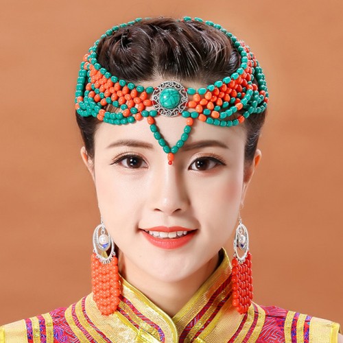 Ladies Mongolian Dance Performance Bead Headdress Handmade Beads Ethnic Dance Mongolian Clothing Accessories 